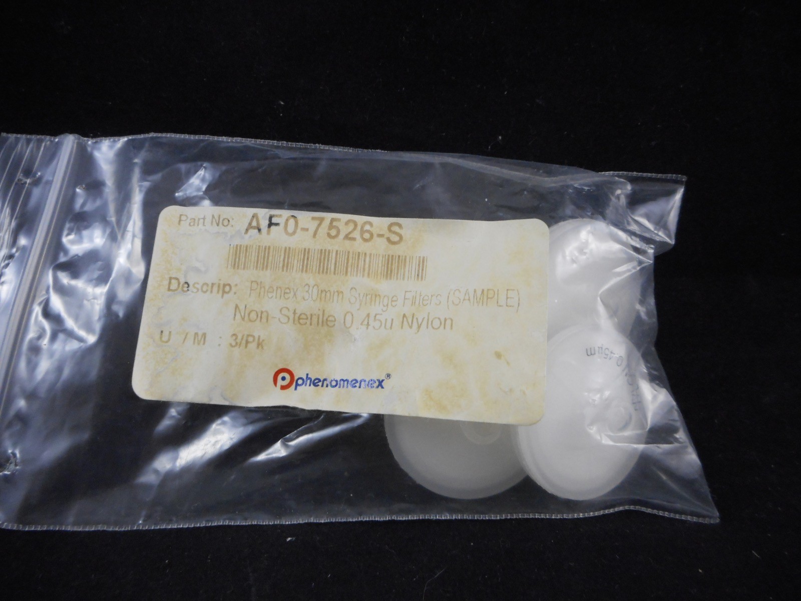 PHENOMENEX Plastic 30mm Syringe Filters Non-Sterile 0.45um Nylon 4/PK AF0-7526-S