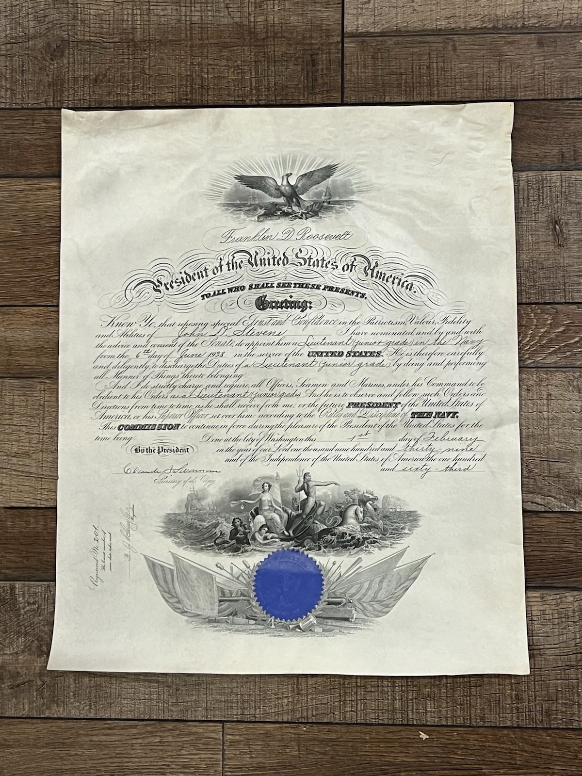 Orig President Franklin Roosevelt Naval Appointment Document 1938 US Navy WW2