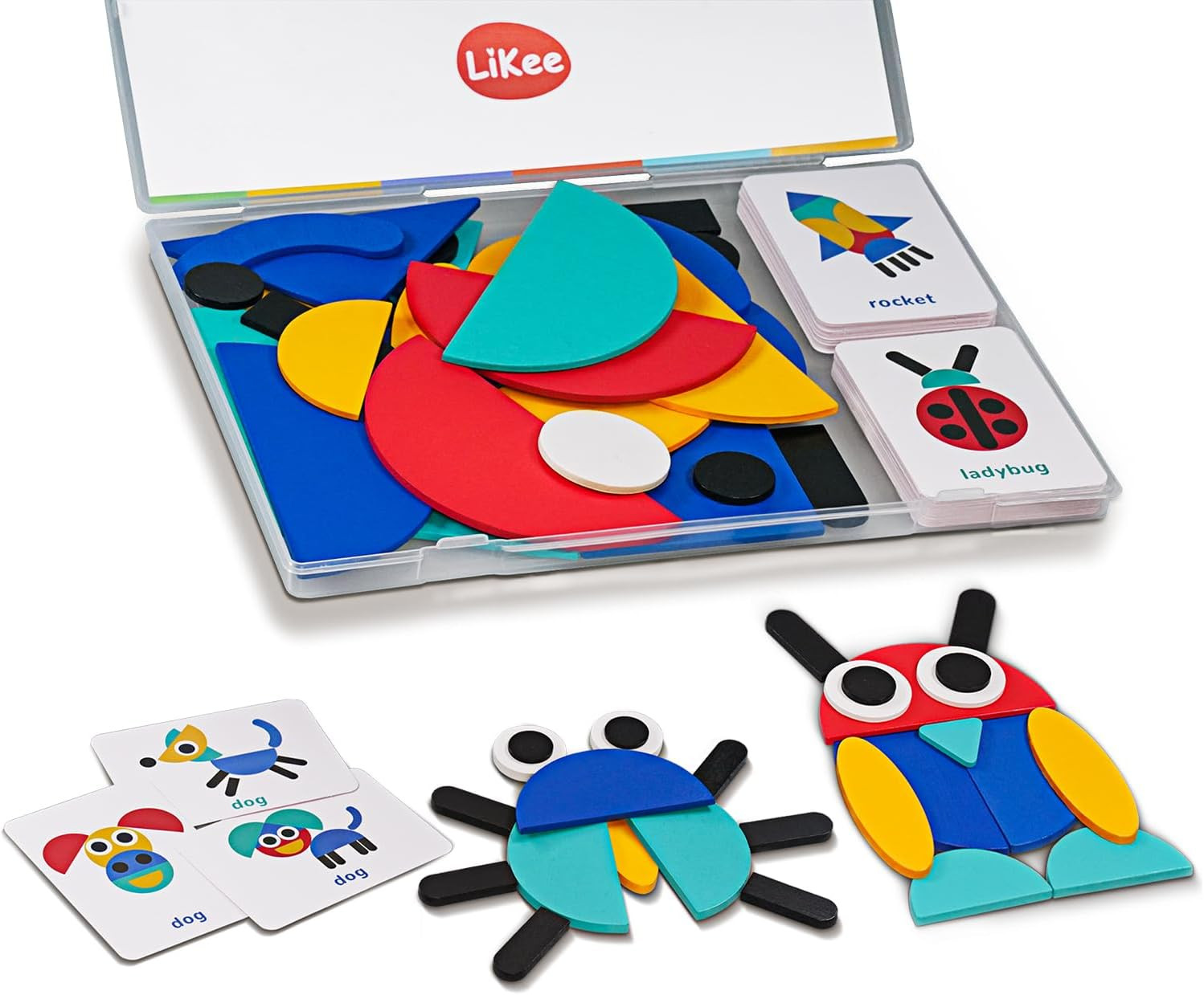 Open Ended Wooden Shape Puzzles (36 Blocks&60 Cards) for Toddlers 3+ Years Old,