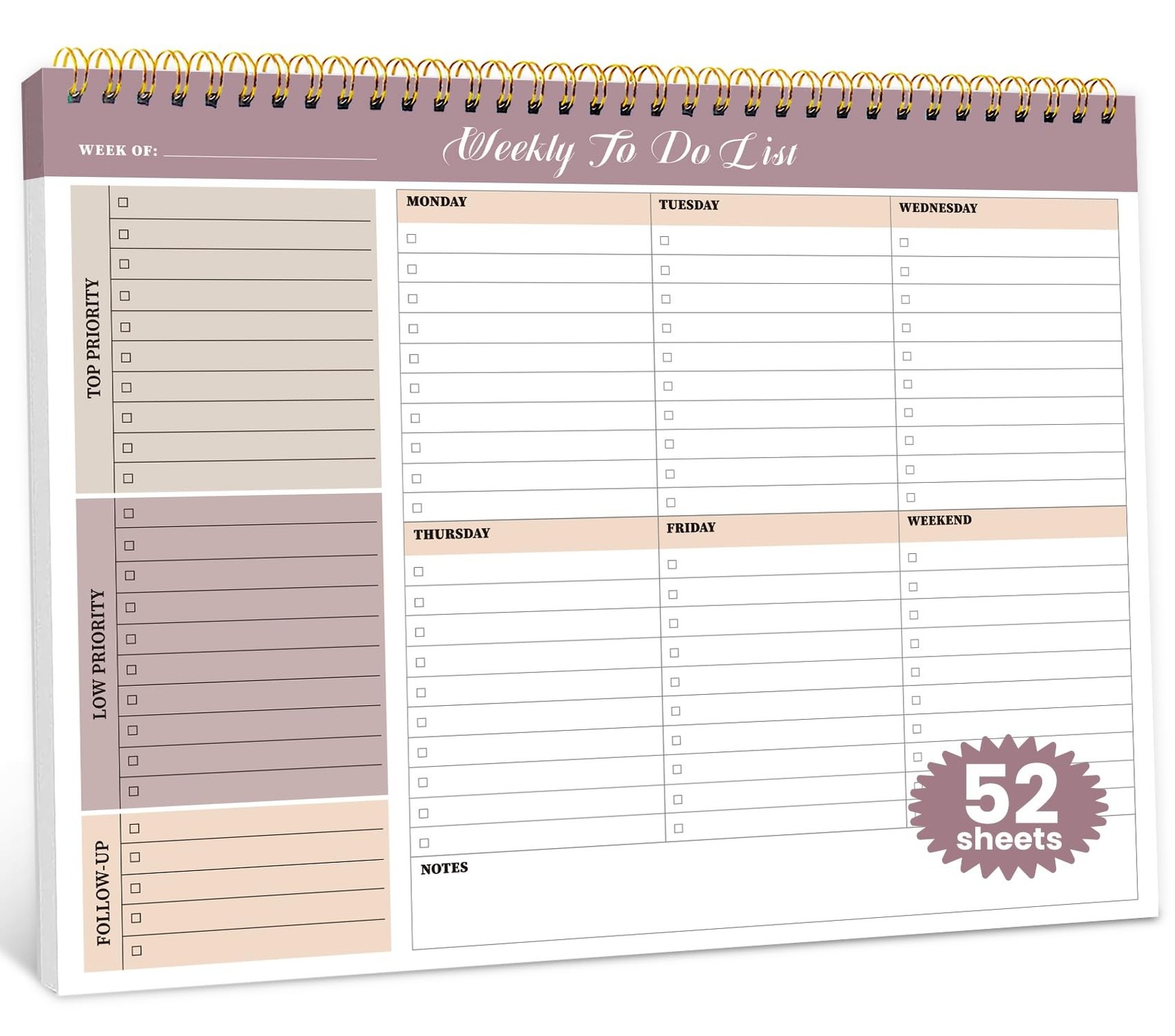 Weekly To Do List Notepad with 52 Undated Sheets（8.5"×11"）- U