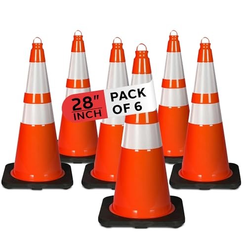 Pyle 28" Safety Traffic Cones, 6-Pack Orange Parking Cones w/Reflective Collars