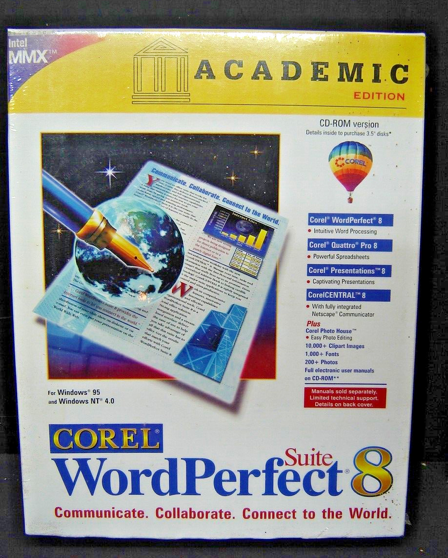 Corel Word Perfect Suite 8 Sealed in Box Academic Edition  Windows 95  CD ROM