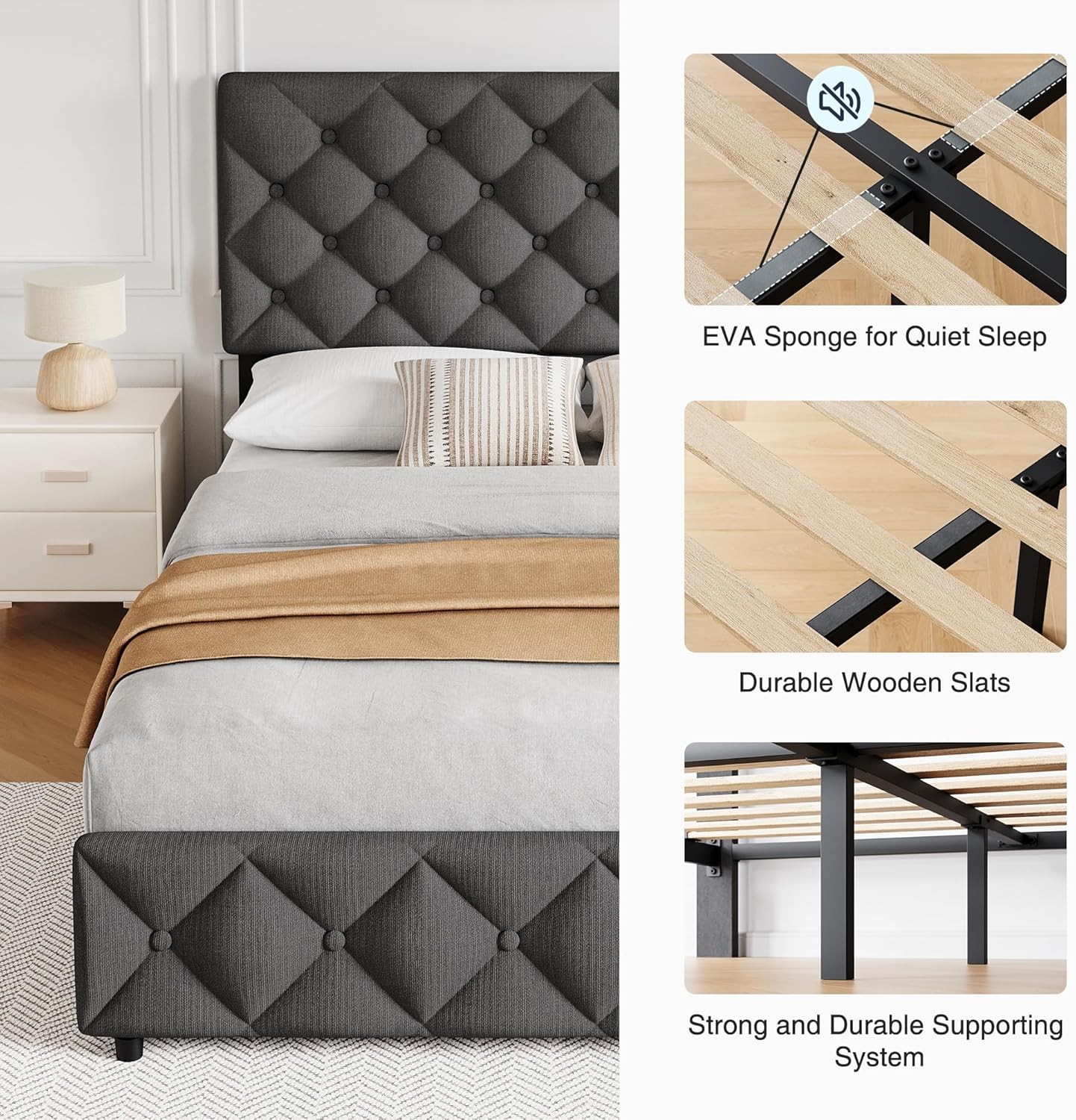 Full Size Bed Frame with Diamond Button Tufted and 4 Storage Drawers for Bedroom