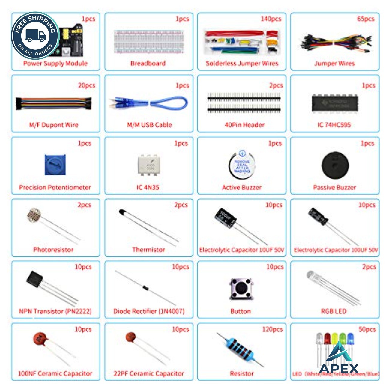 Electronics Component Kit 400pcs Breadboard Power Supply Jumper Wire LED