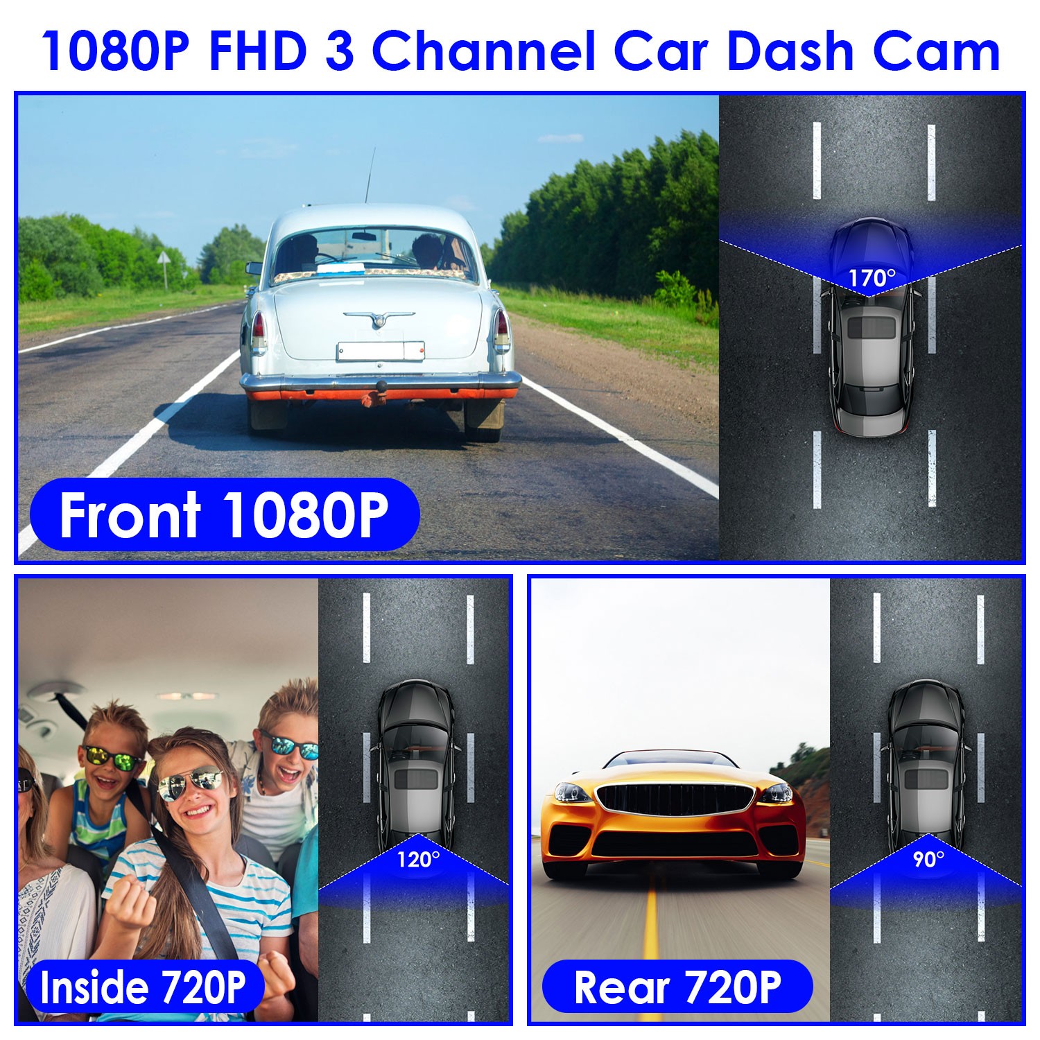 1080P HD Dash Cam WiFi Front Rear Inside Dash Camera Loop Recording Camera