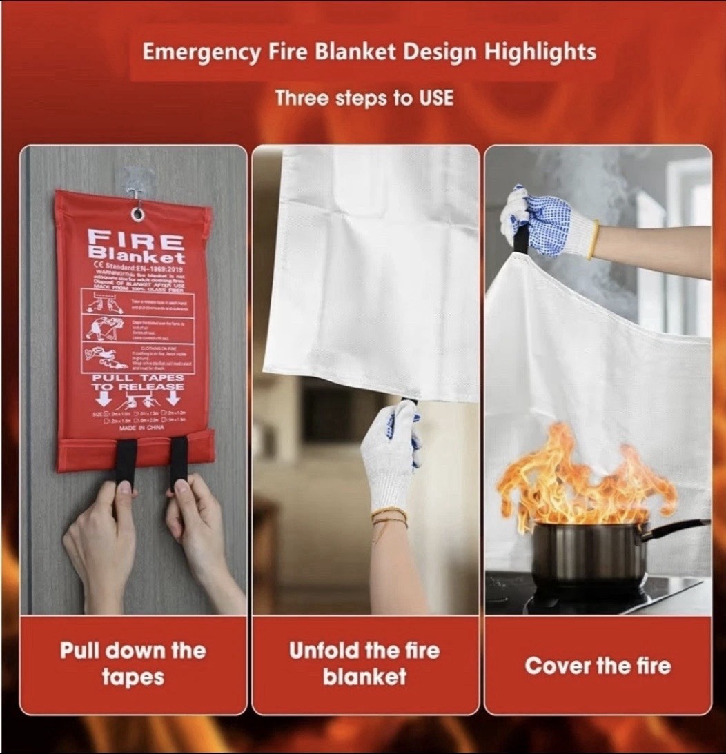 ONE x LARGE FIRE BLANKET Fiberglass Emergency Home Retardant Prepared 1.2m x1.2m
