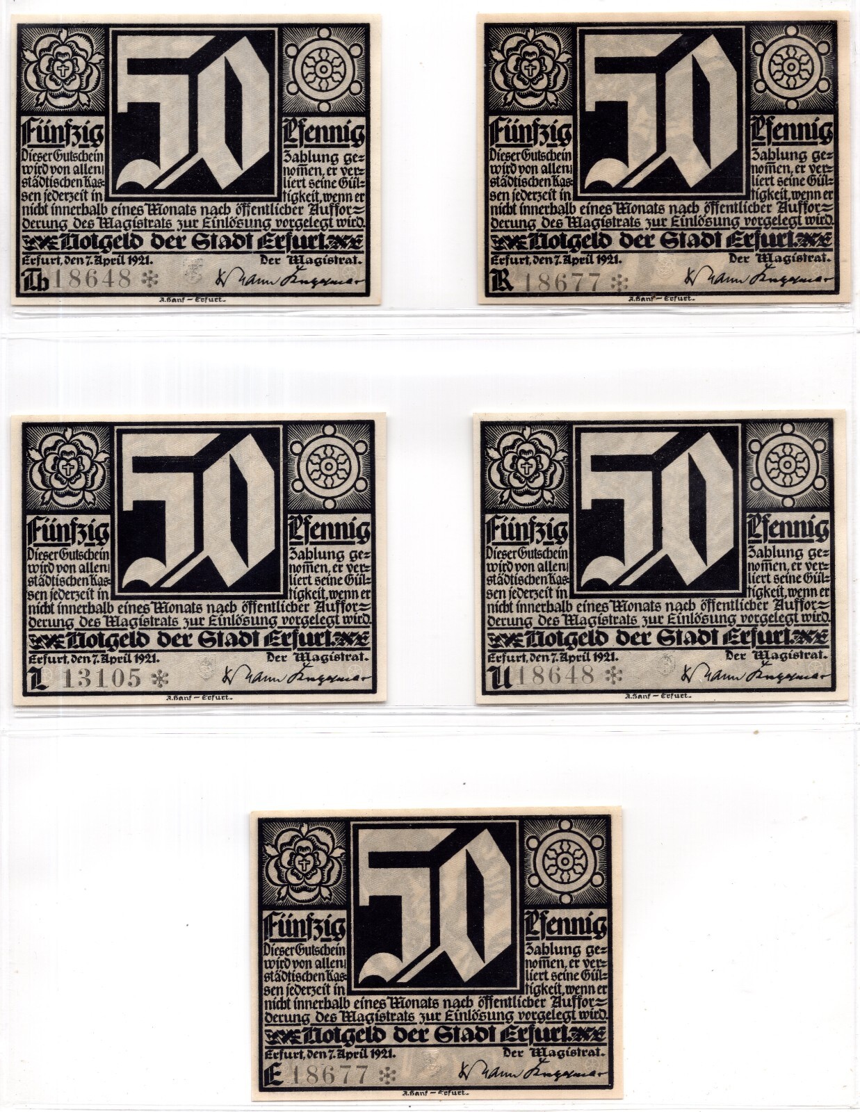 1921 Germany Erfurt Notgeld Set of 5 Notes (659)