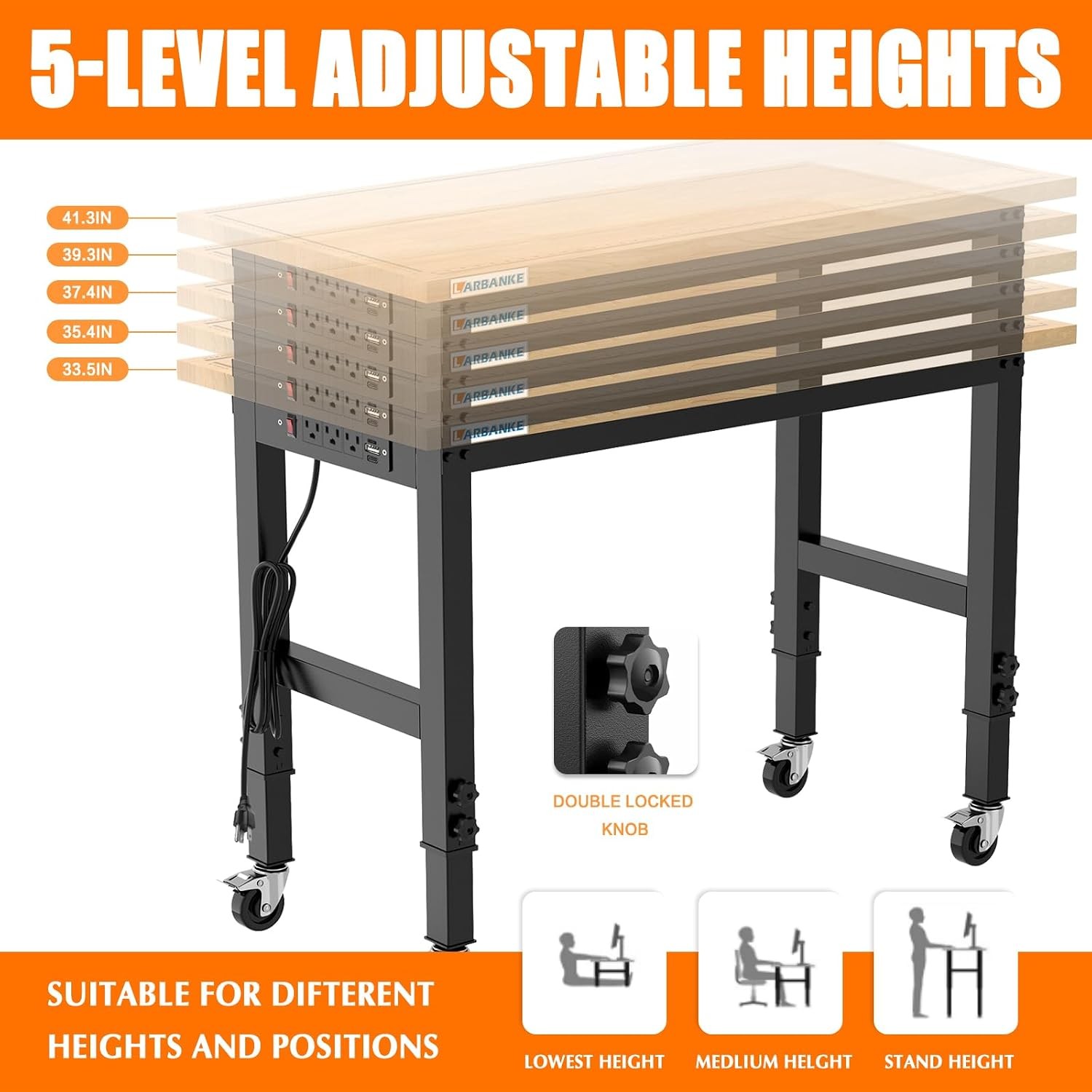48" Adjustable Workbench with Wheels Heavy-Duty Rubber Wood Worktable with