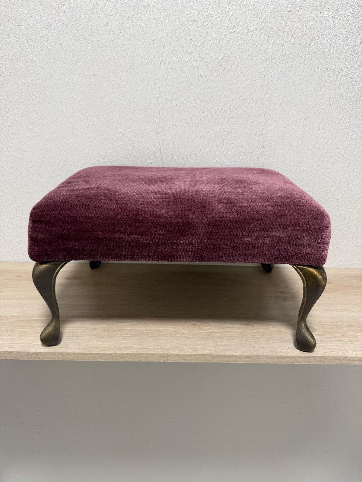 Vintage Mid Century Modern Burgundy Velvet Wood Legs Footstool Stool 15x12x9”