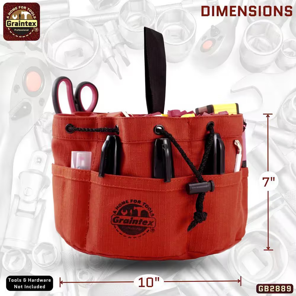 10 In. 18-Pockets Grab Tool Bag with Drawstring Closure in Rust Canvas