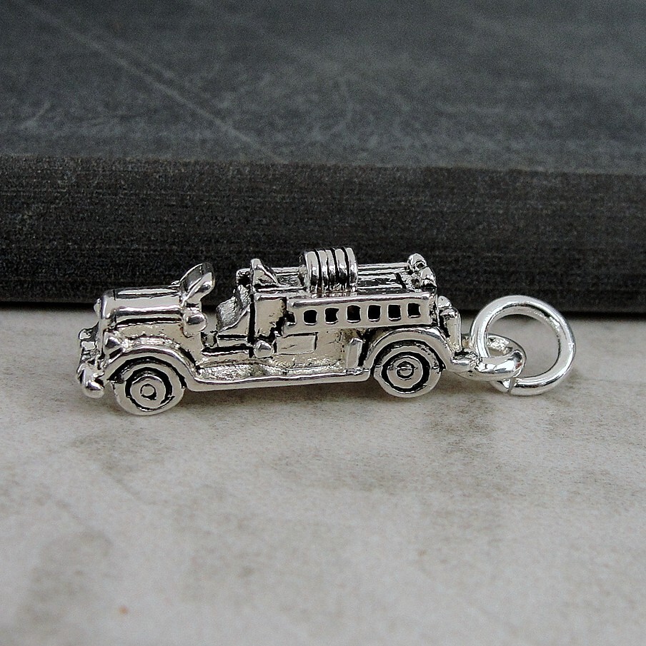 Silver Fire Engine Charm - 3D Fire Truck Charm - Firefighter Charm Jewelry