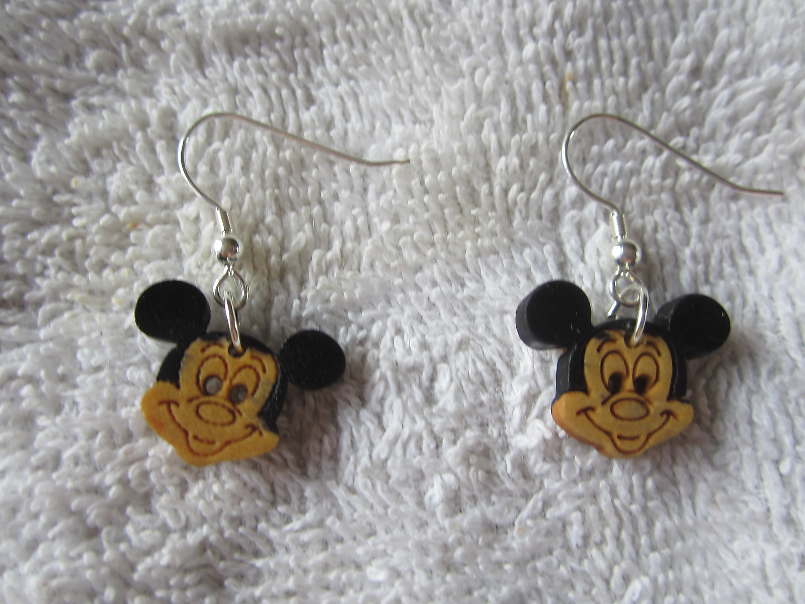 PAIR OF HOMEMADE MICKEY MOUSE EAR RINGS WITH SILVER PLATED FISH HOOK FINDINGS