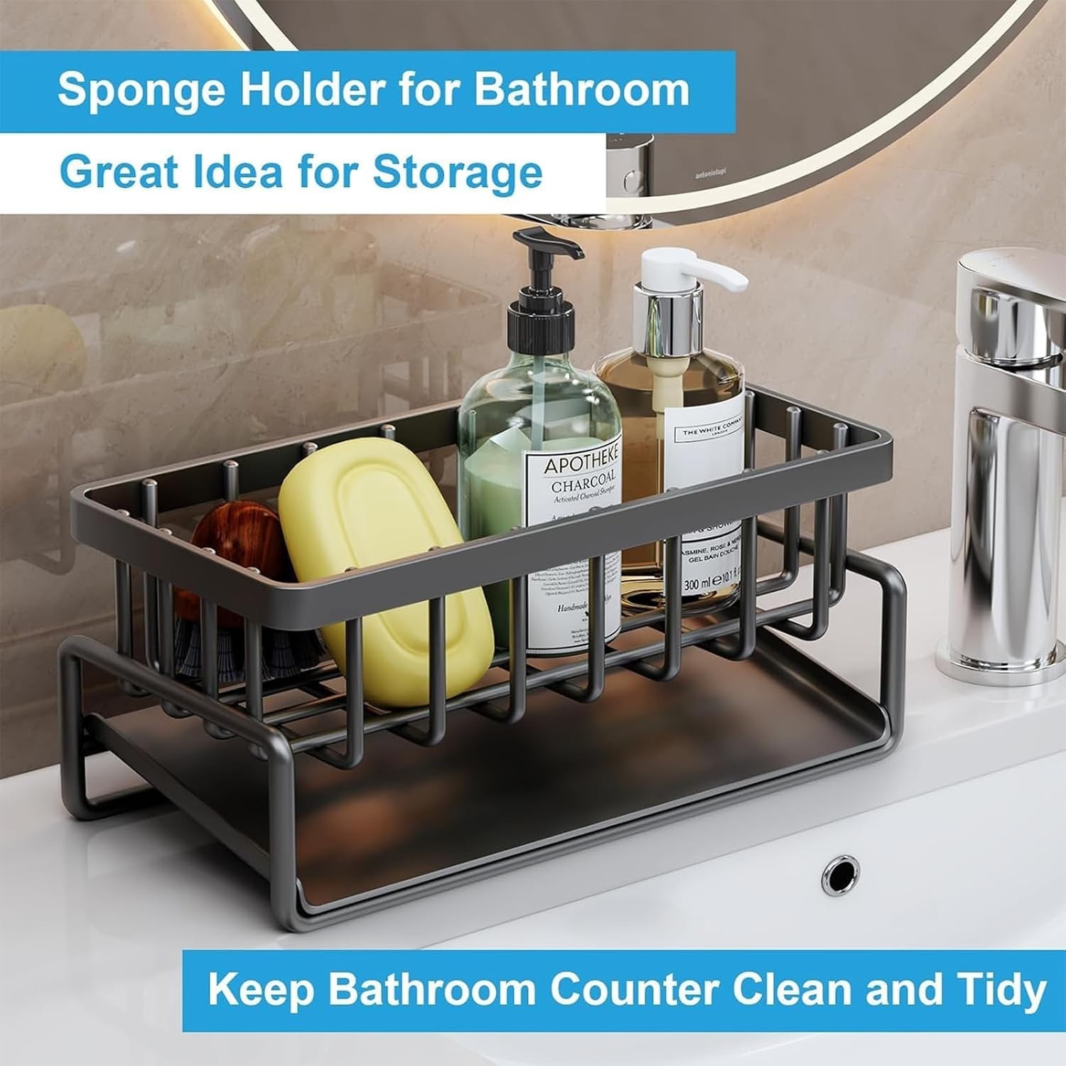 Kitchen Sink Caddy Organizer, Black Metal, Self-Draining Tray
