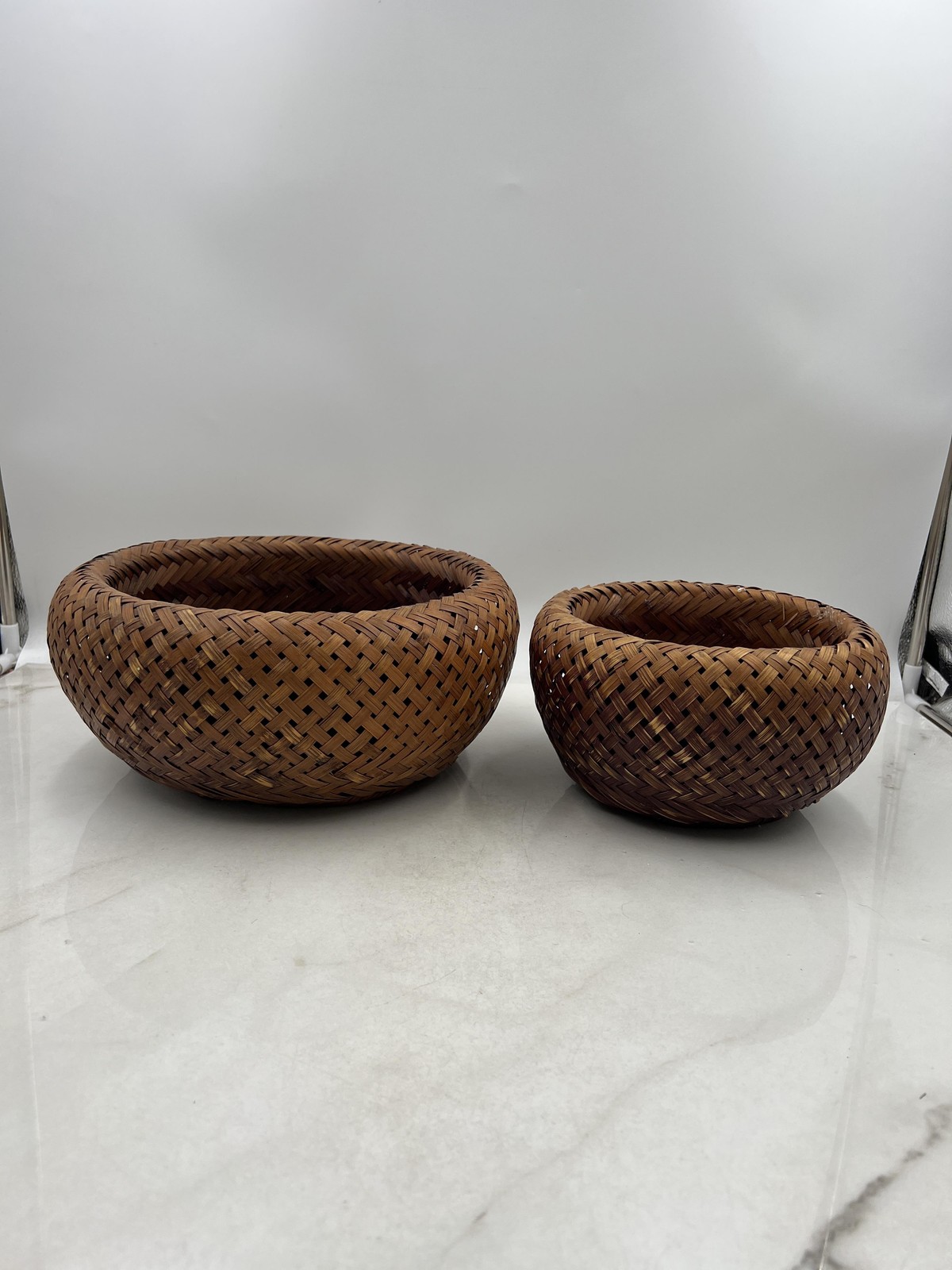 Handwoven Rattan Bamboo Wicker Basket Bowl Set Pair Nesting Boho Decor Round