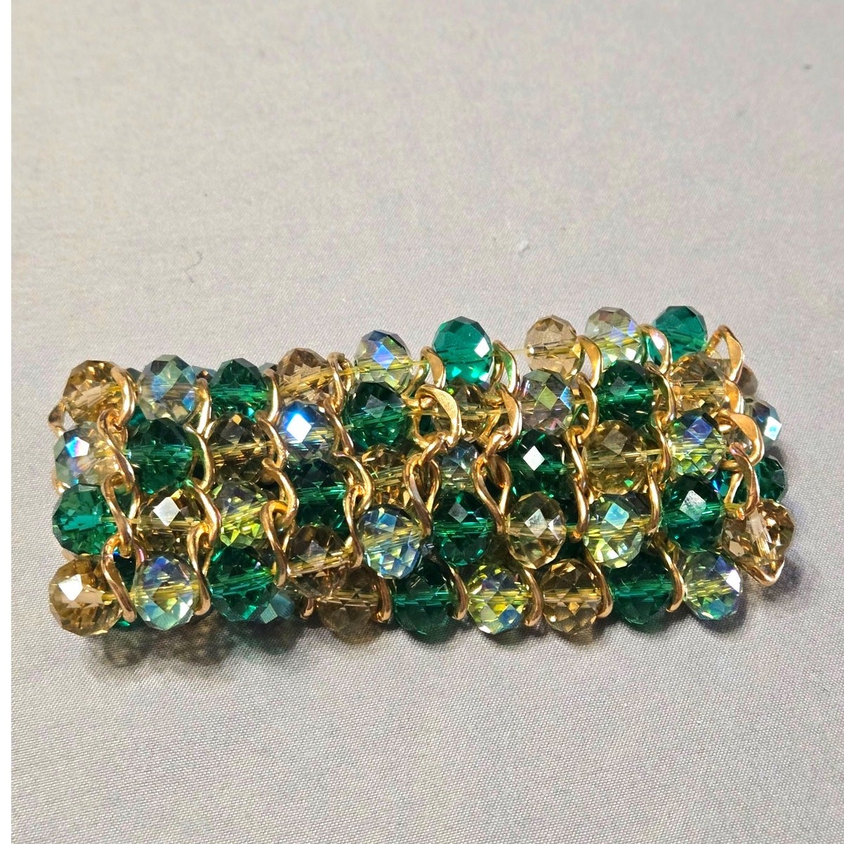 Green Beaded Multi-Row Stretch Cuff Bracelet Gold Chain Accent