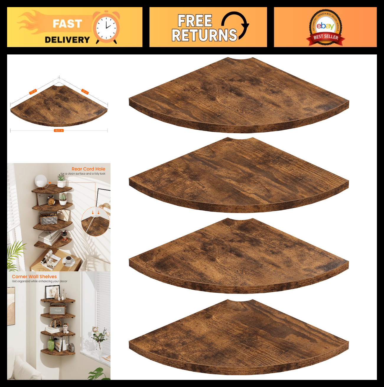 12" Wooden Corner Floating Shelves - Set of 4 Round Wall Storage for Small Space