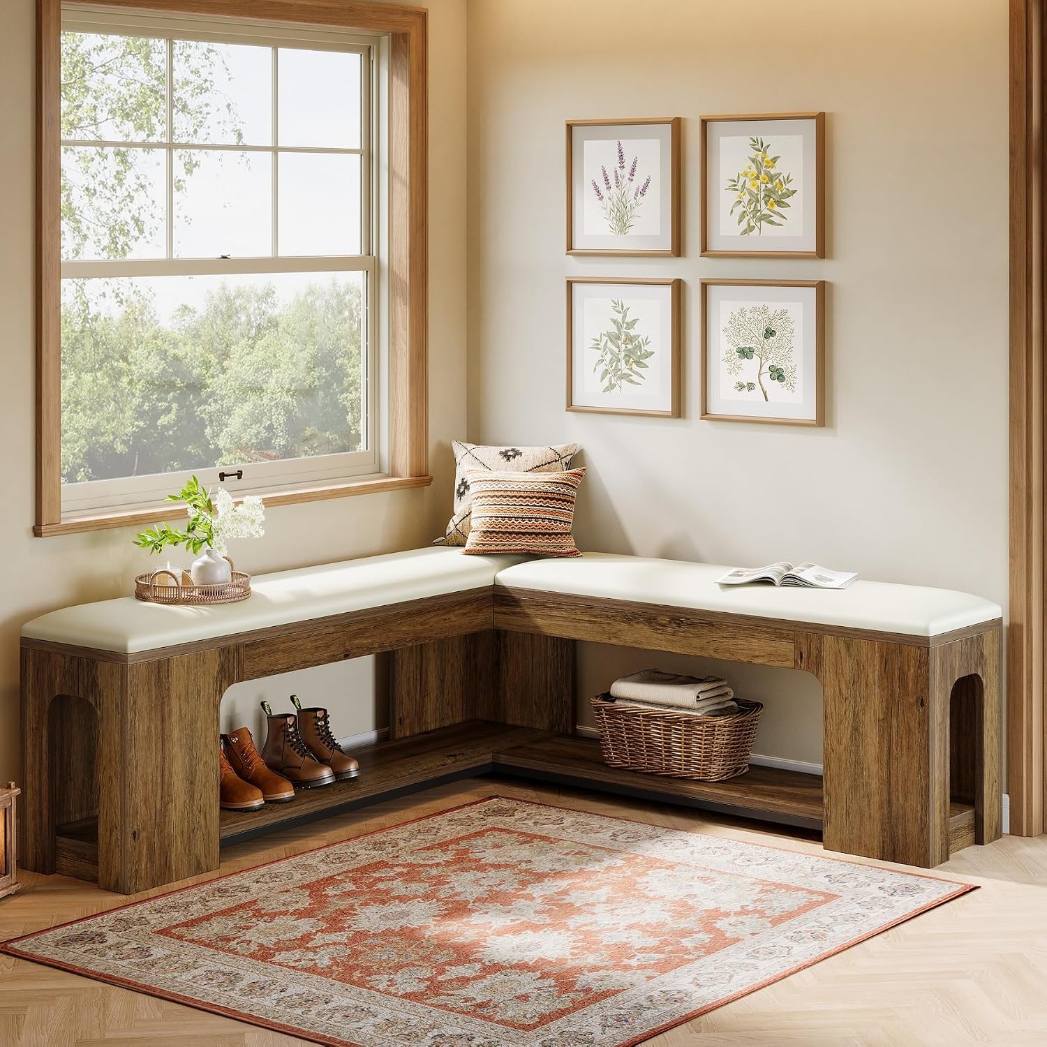 L Shaped Corner Bench 47.24" Modern Kitchen Nook Bench w/ Removable Seat Cushion