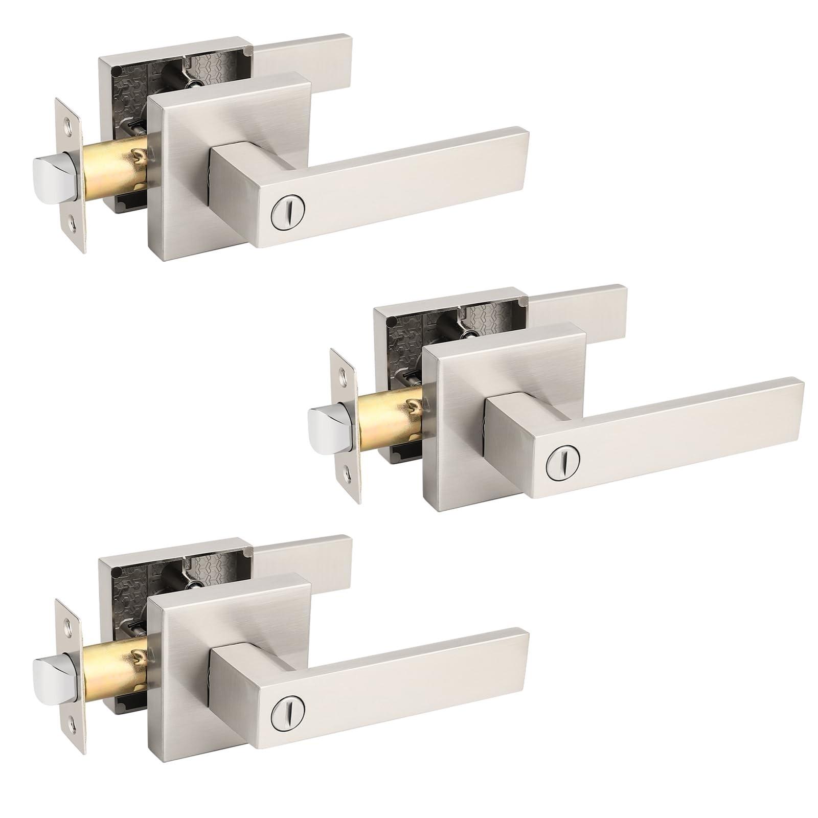 3 Pack Brushed Nickel Door Handles, Reversible Privacy Lever Door levers for ...