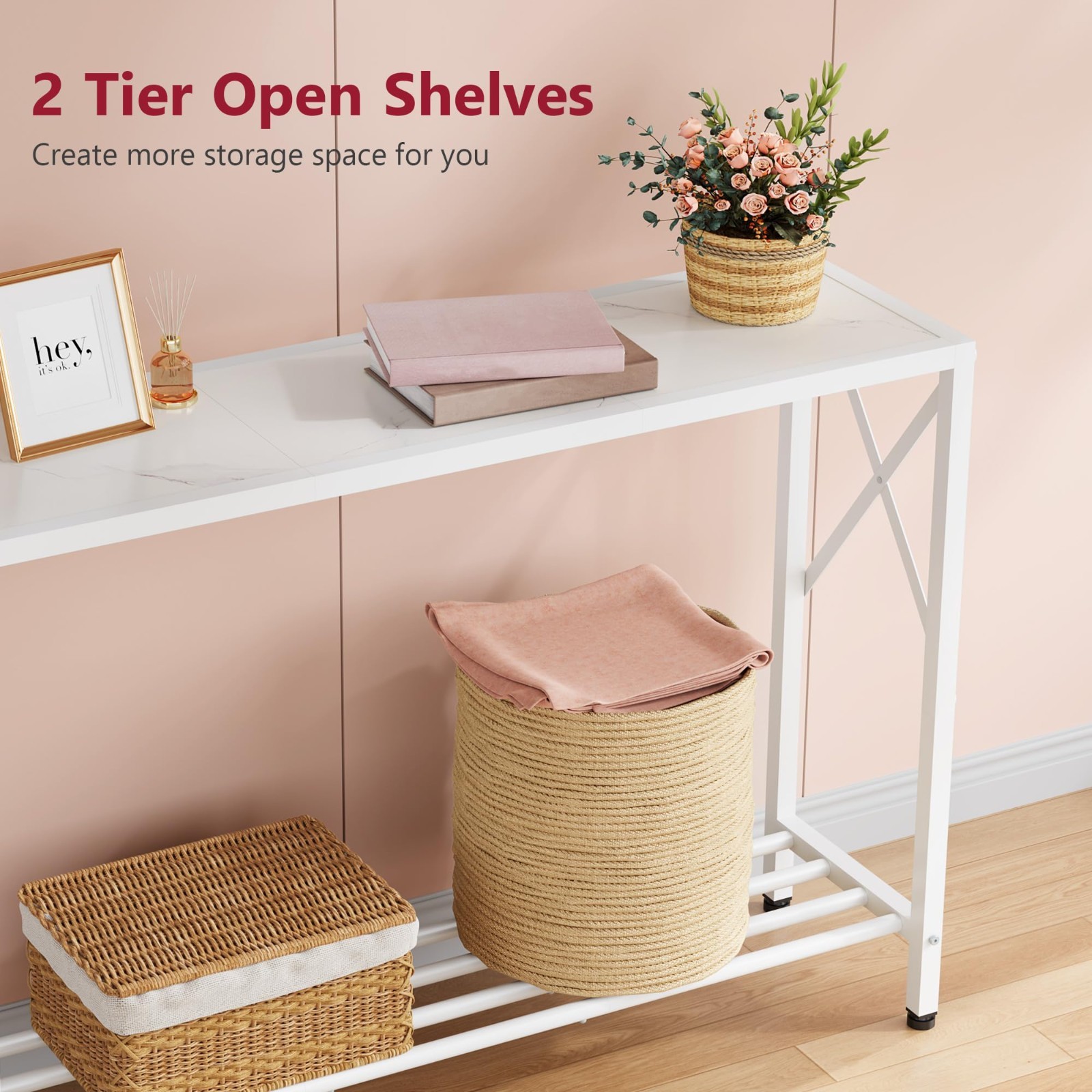 Narrow Console Table 41.8” - 2-Tier Entryway Sofa Table with X-Frame & Shelves,