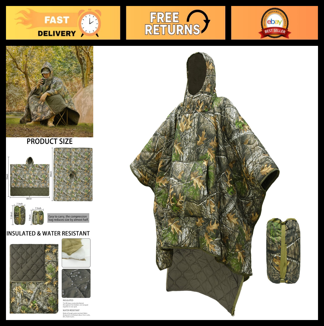 Insulated Poncho Liner Hoodie with Pocket - Water Resistant Military Sleeping Ba