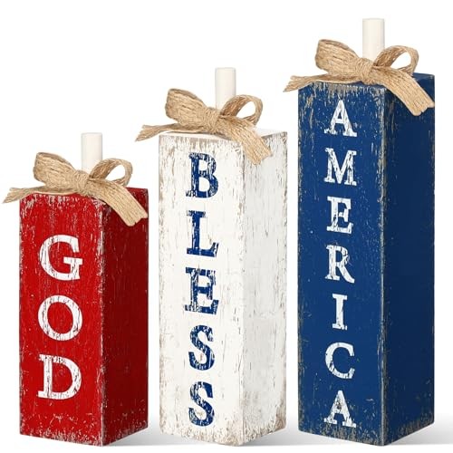 3 Pcs God Bless America Table Decor 4th of July Patriotic Wood Block Americana