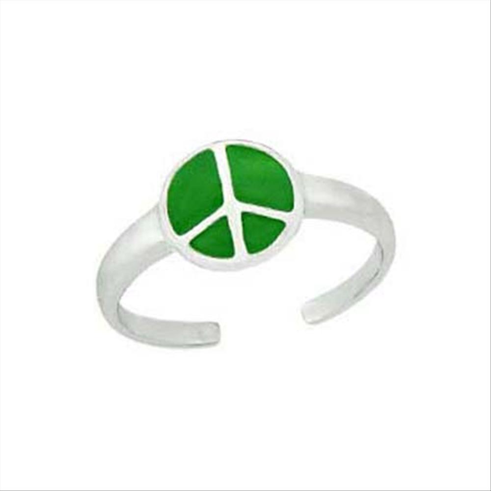 .925 Sterling Silver & Green Enamel Peace Sign Toe Ring