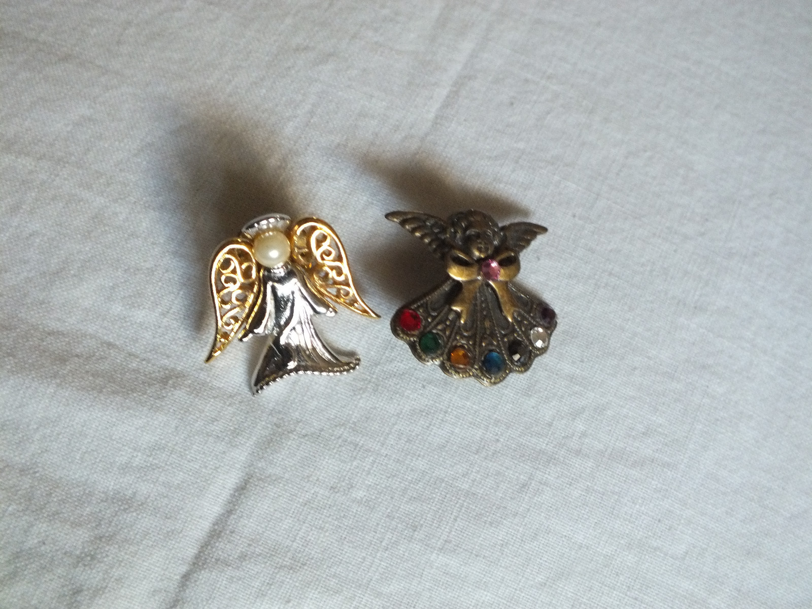 Christmas Brooch Pins Set 2 Angels Signed CANCO Colorful Rhinestones Faux Pearl