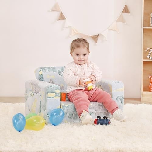 Toddler Chair Kids Couch, 2-in-1 Toddler Soft Sherpa Couch Fold Green Dinosaur