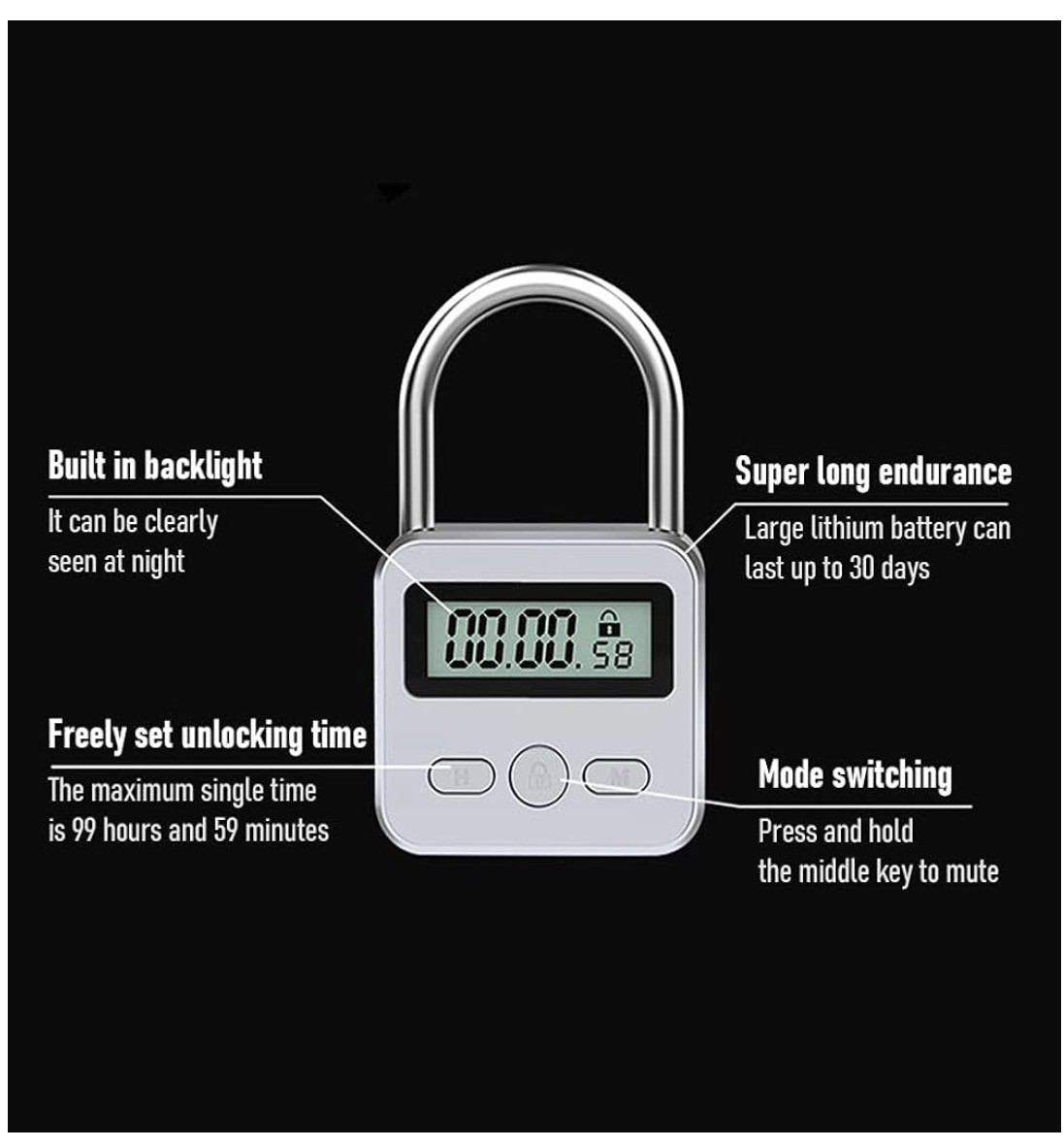 Metal Timer Lock, 99 Hours Max Timing Lock, USB Rechargeable Timer Padlock