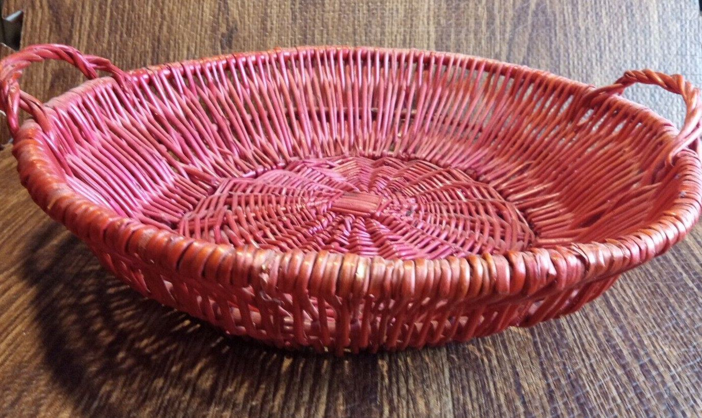 Red Wicker Bread Basket-Round-Handles-Sturdy 13.50" Diameter 3.50" High