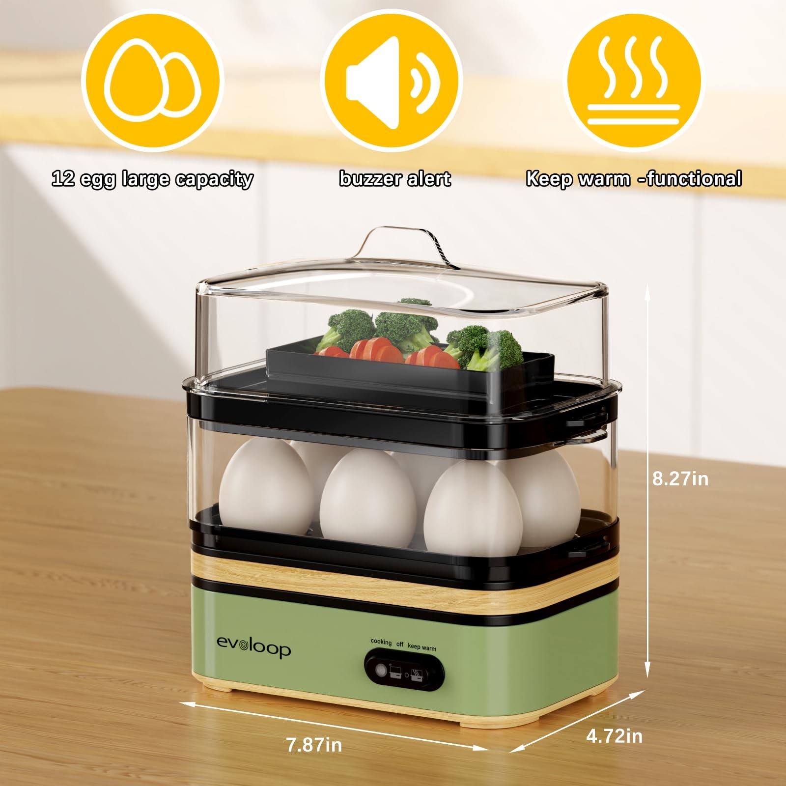 Evoloop Rapid Egg Cooker Electric 12 Eggs Capacity, Soft, 5*7*8, Green
