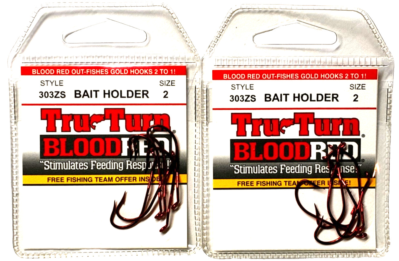 2 PACKS Tru Turn Blood Red Size 2 Bait Holder Hook 6 Count Package 303ZS