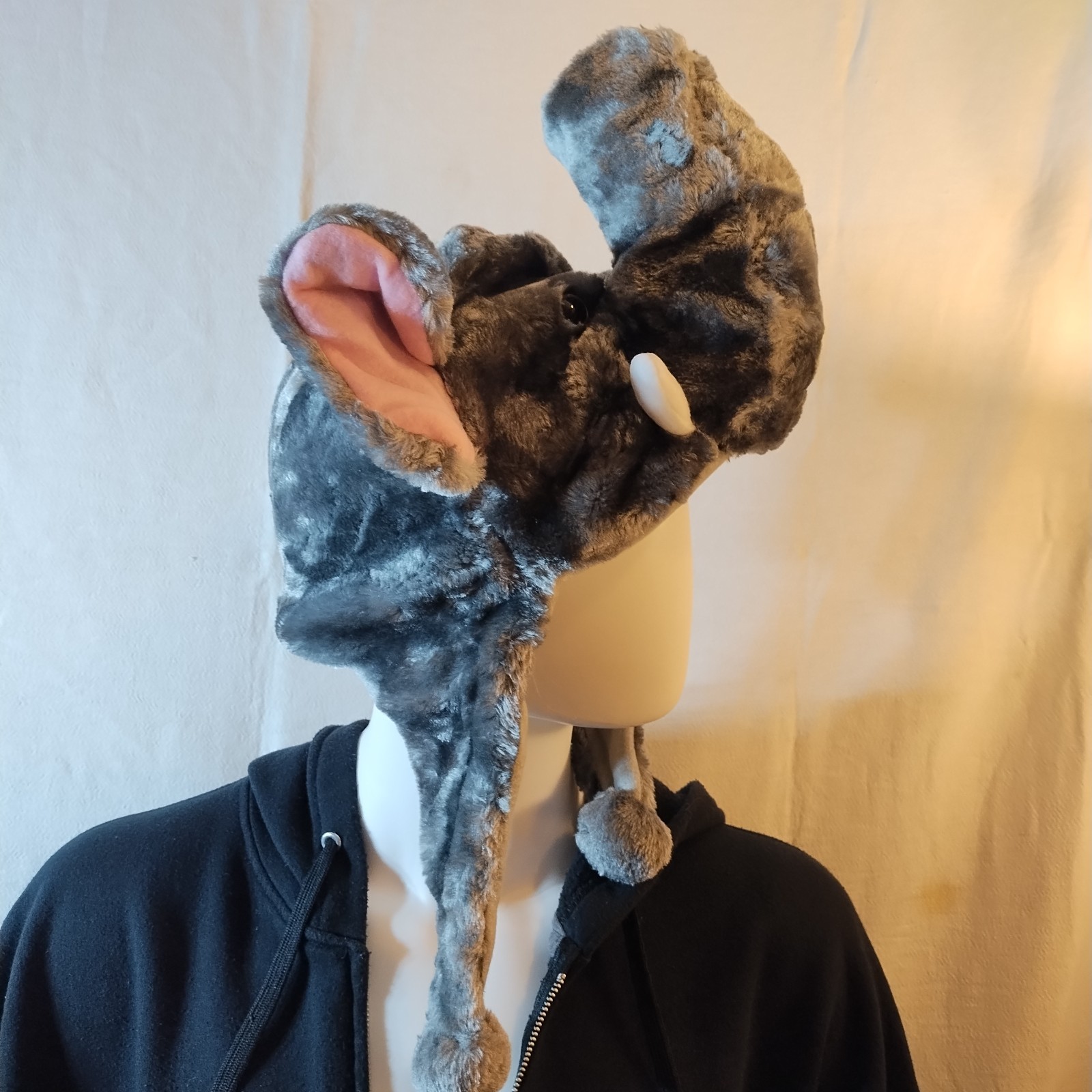Elephant Hat Gray w Pink Ears Costume Halloween Anime  Fuzzy Warm Novelty Winter