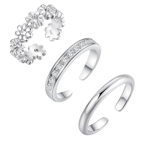 3Pcs Toe Rings for Women, Adjustable Open Toe Ring 18K #Style 1-Silver-3pcs