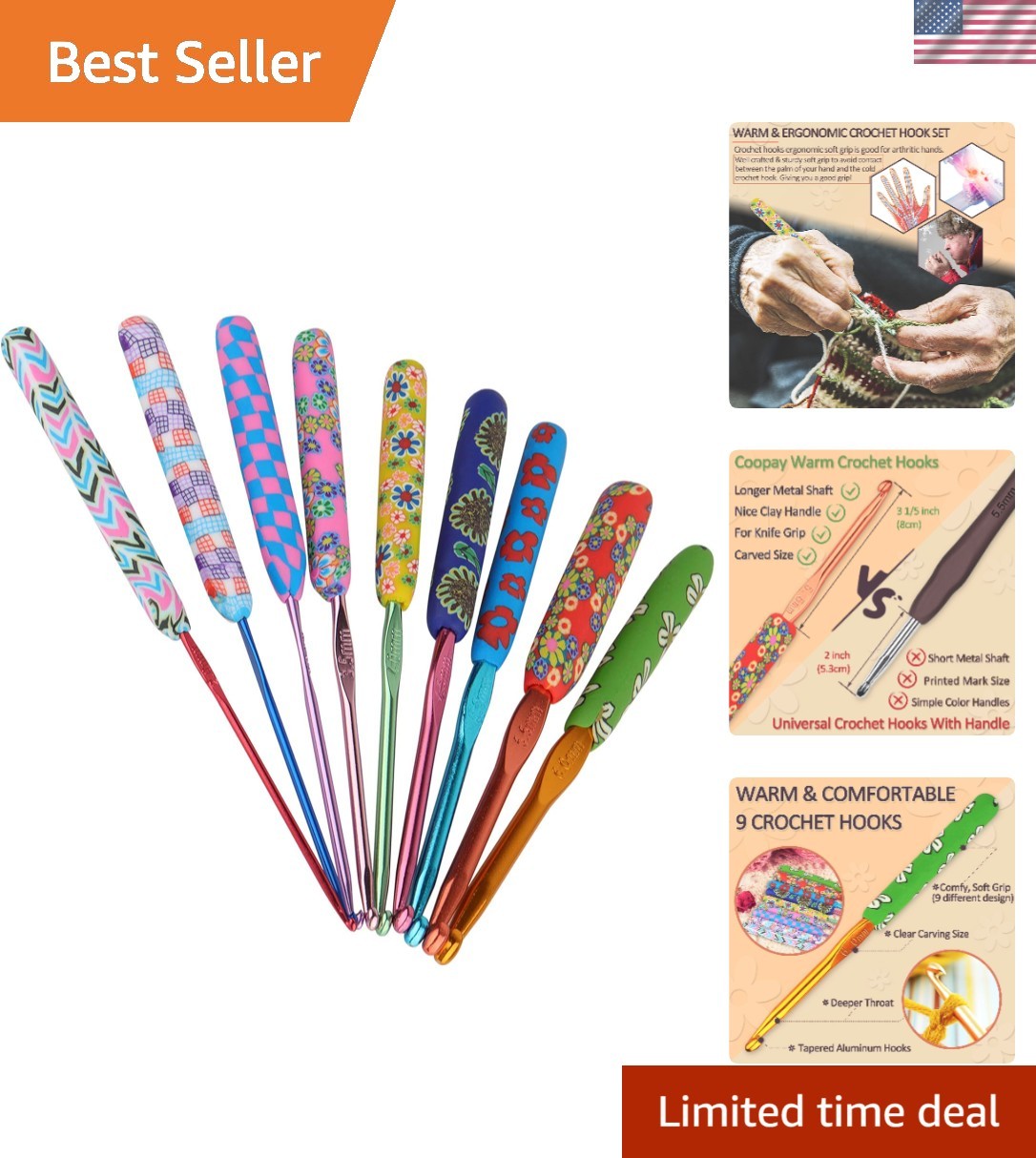 9-Piece Crochet Hooks Set with Floral Design - Perfect for Beginners & Gifts