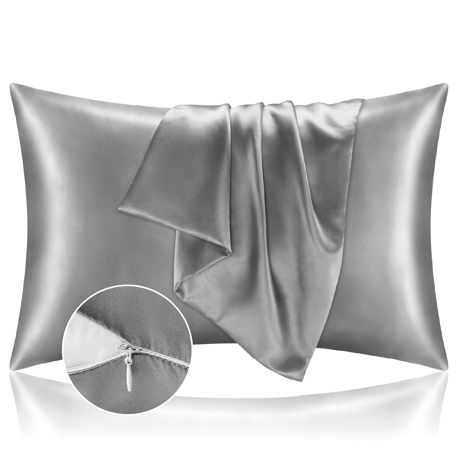 BEDELITE Satin Pillowcase with Zipper 2 Standard (20" x 26")-Zipper, Grey