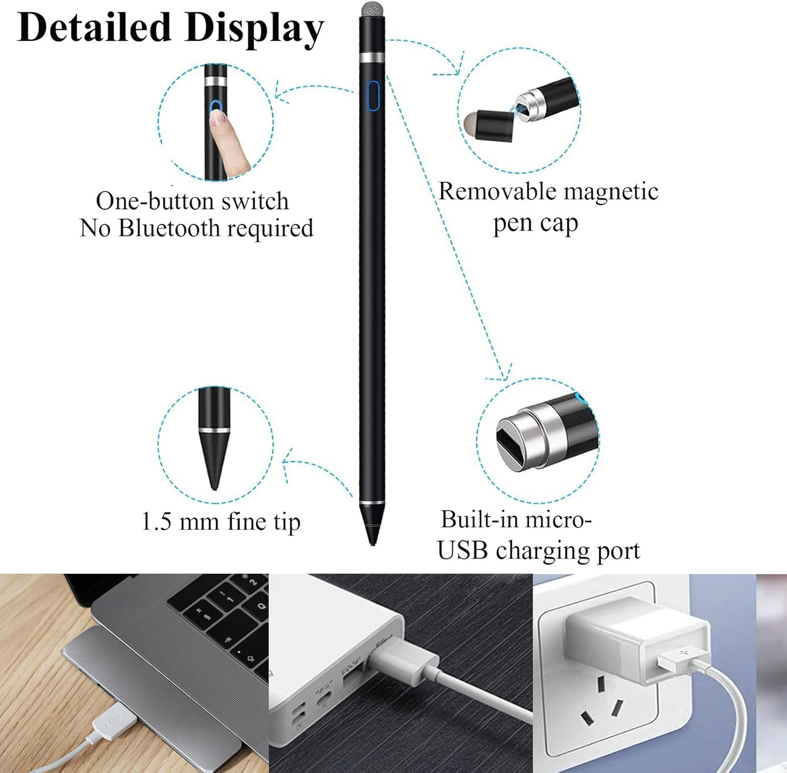 Active Stylus Pen for iPad, iPhone, Android, Dual Touch Rechargeable Digital