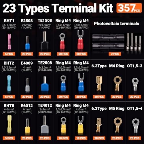 Adjustable Ratchet Crimping Tool Kit with 6 Jaws, 361pcs Terminals & Case - Elec