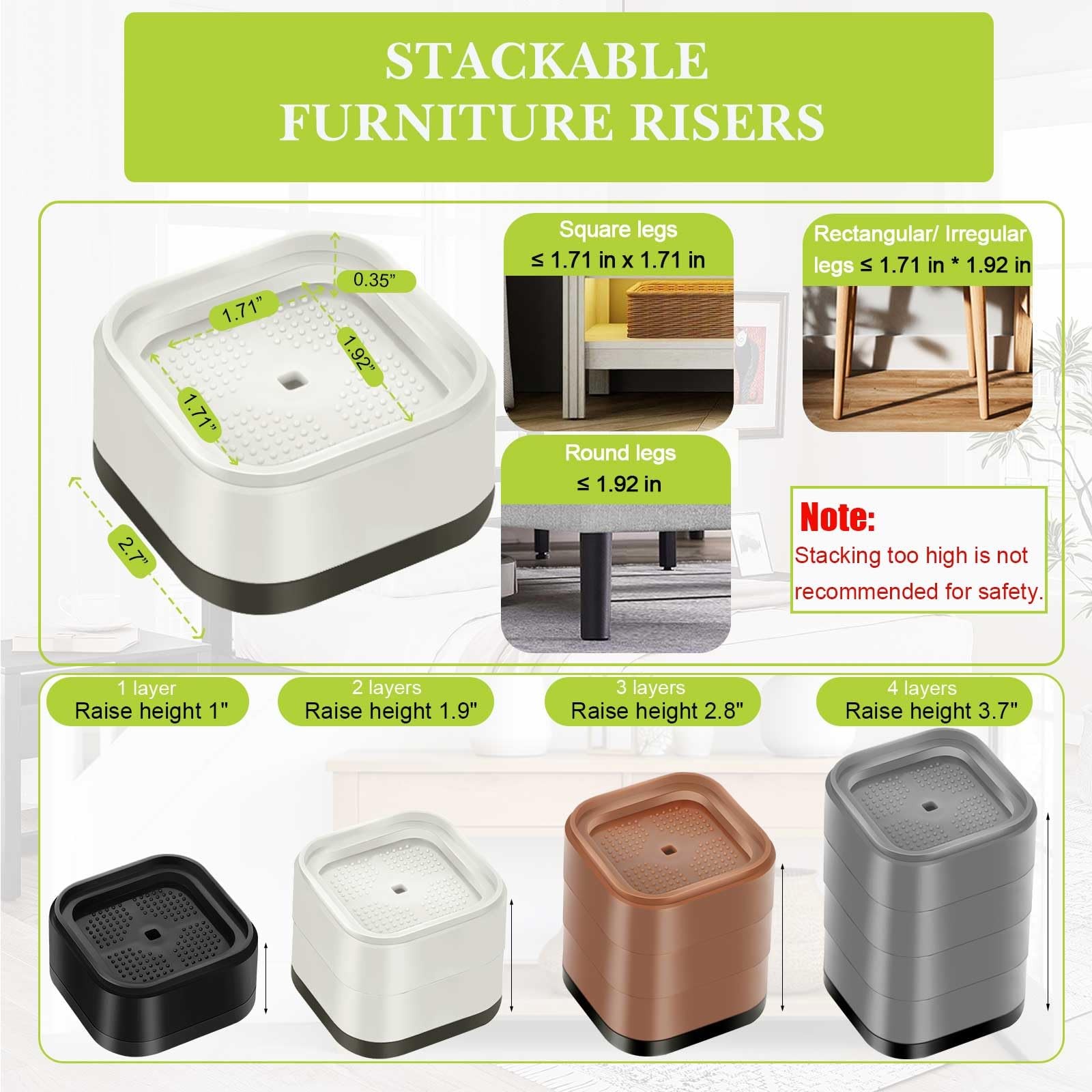 White Adjustable Square Stackable Heavy Duty Bed Furniture Risers 18 Pack