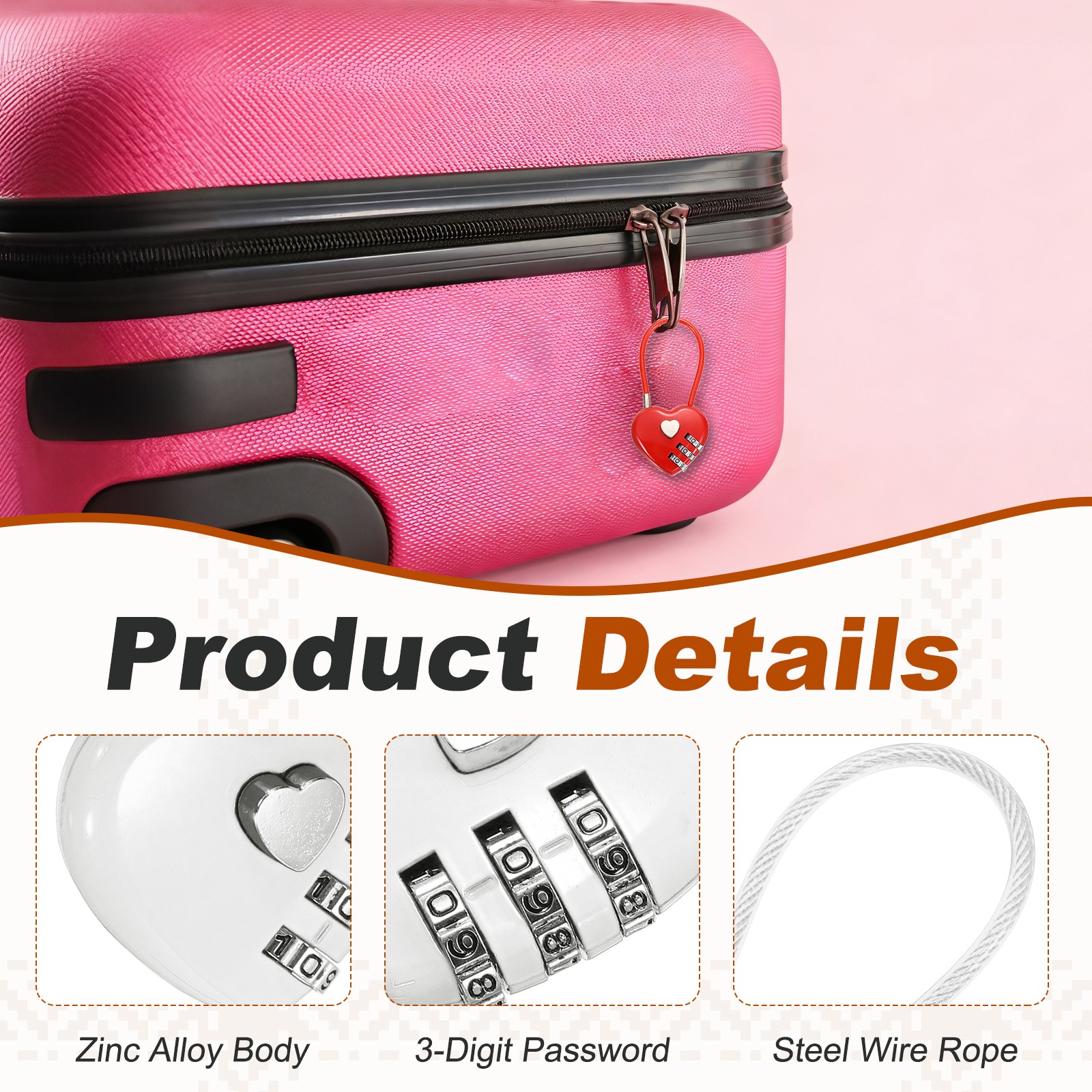 Combination Padlock (7.9 Inch, White)(2 Pcs), 3-Digit Heart Shaped Combo Padlock