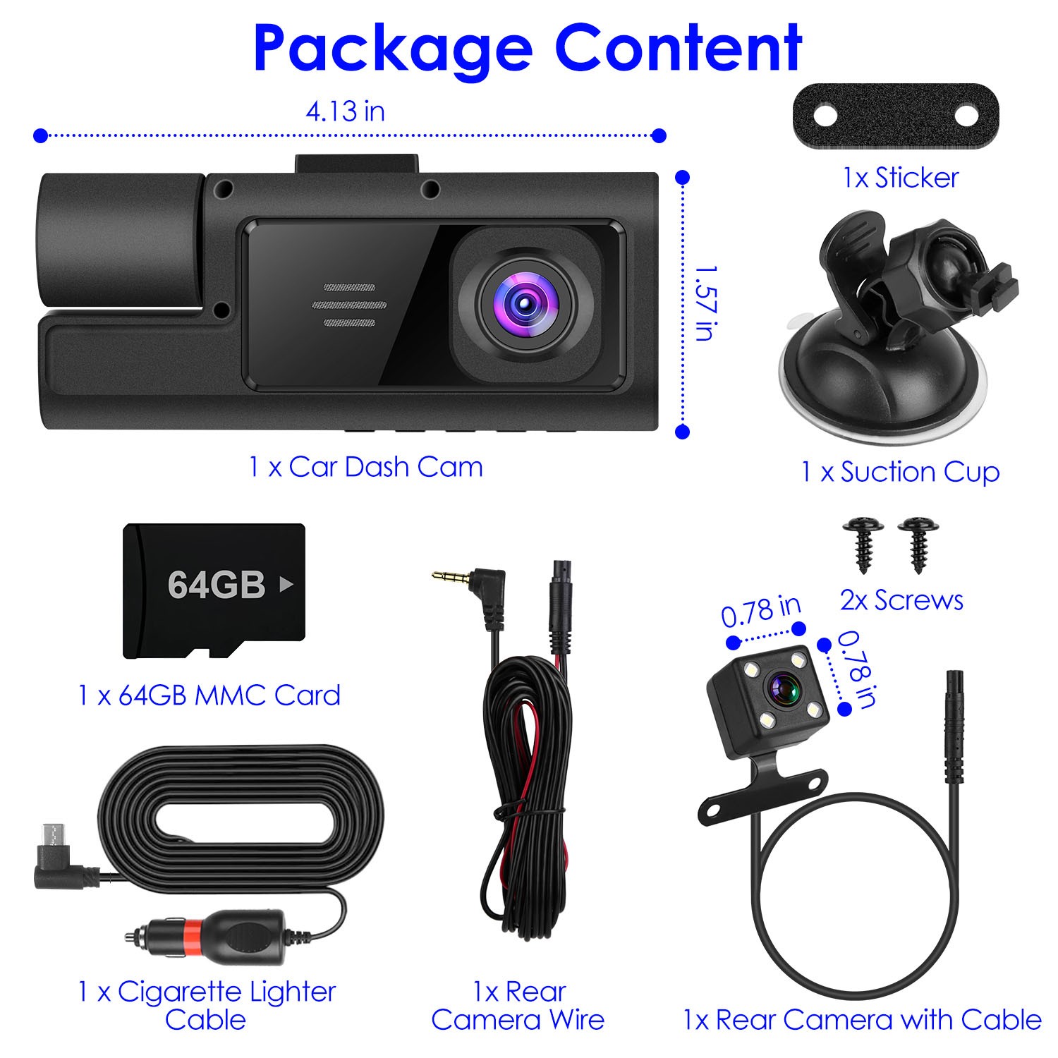 1080P HD Dash Cam WiFi Front Rear Inside Dash Camera Loop Recording Camera