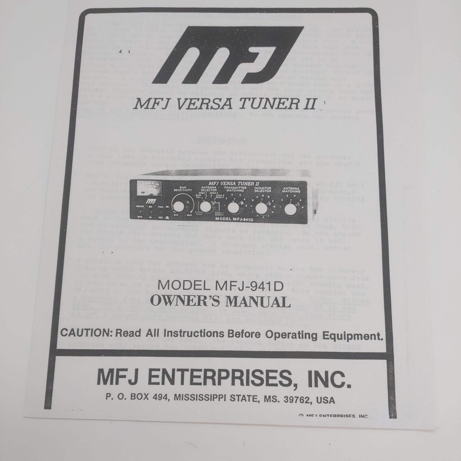 MFj-941D Versa Tuner II Manual, Original