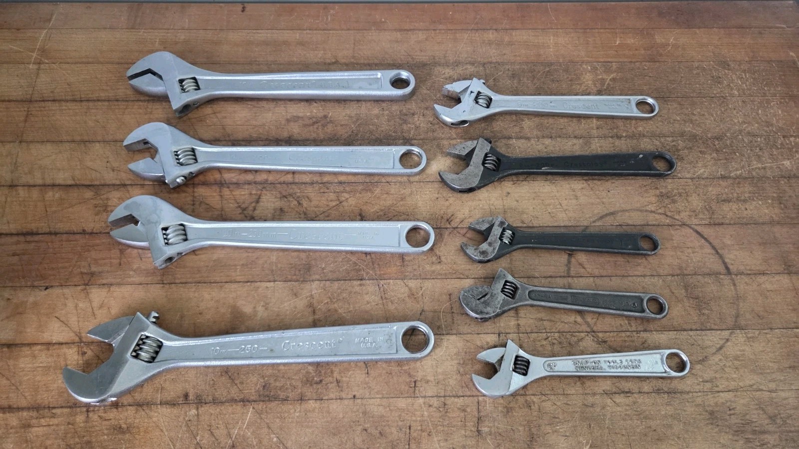Vintage Lot of 9 Adjustable Wrenches - 10"-8"-6" Crescent, williams, snap on