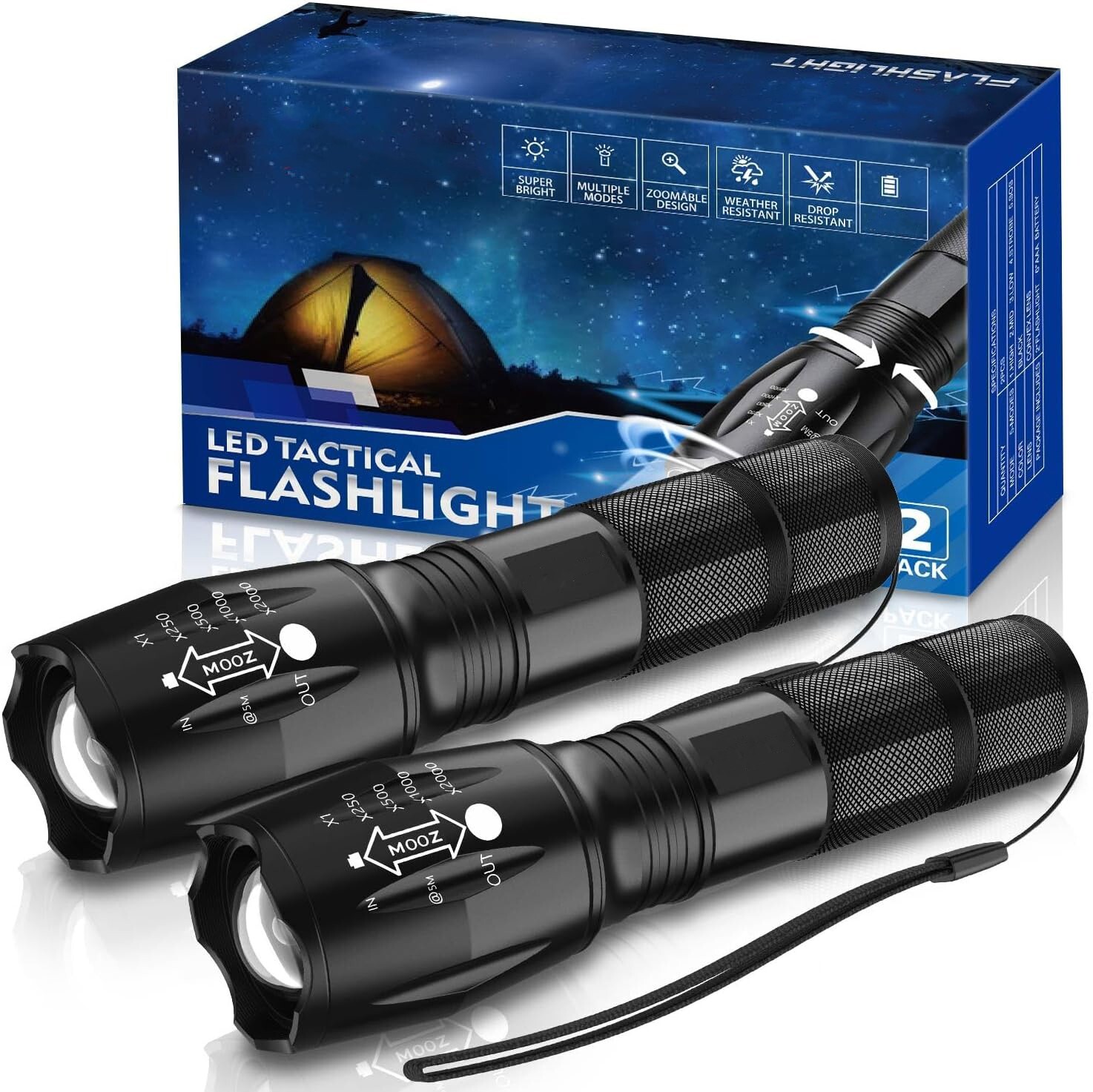 2x 2000LM Bright Pure White LED Flashlight Adjustable Waterproof Outdoor Camping