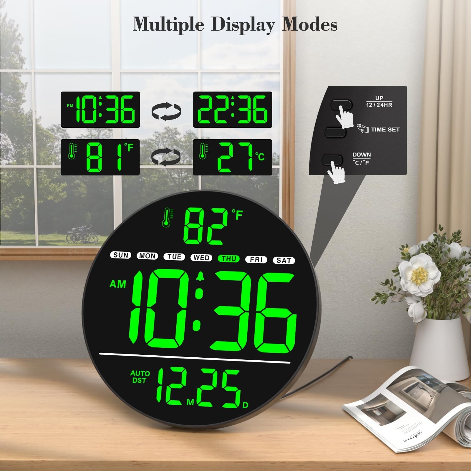 Electric Large Digital Wall Clock with LED Display | PLUG IN clock with Tempe...