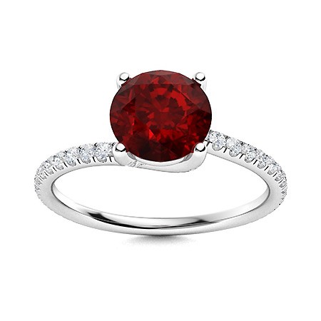 Solitaire 6mm Round Garnet Ring 925 Sterling Silver Pave Band Ring For Women