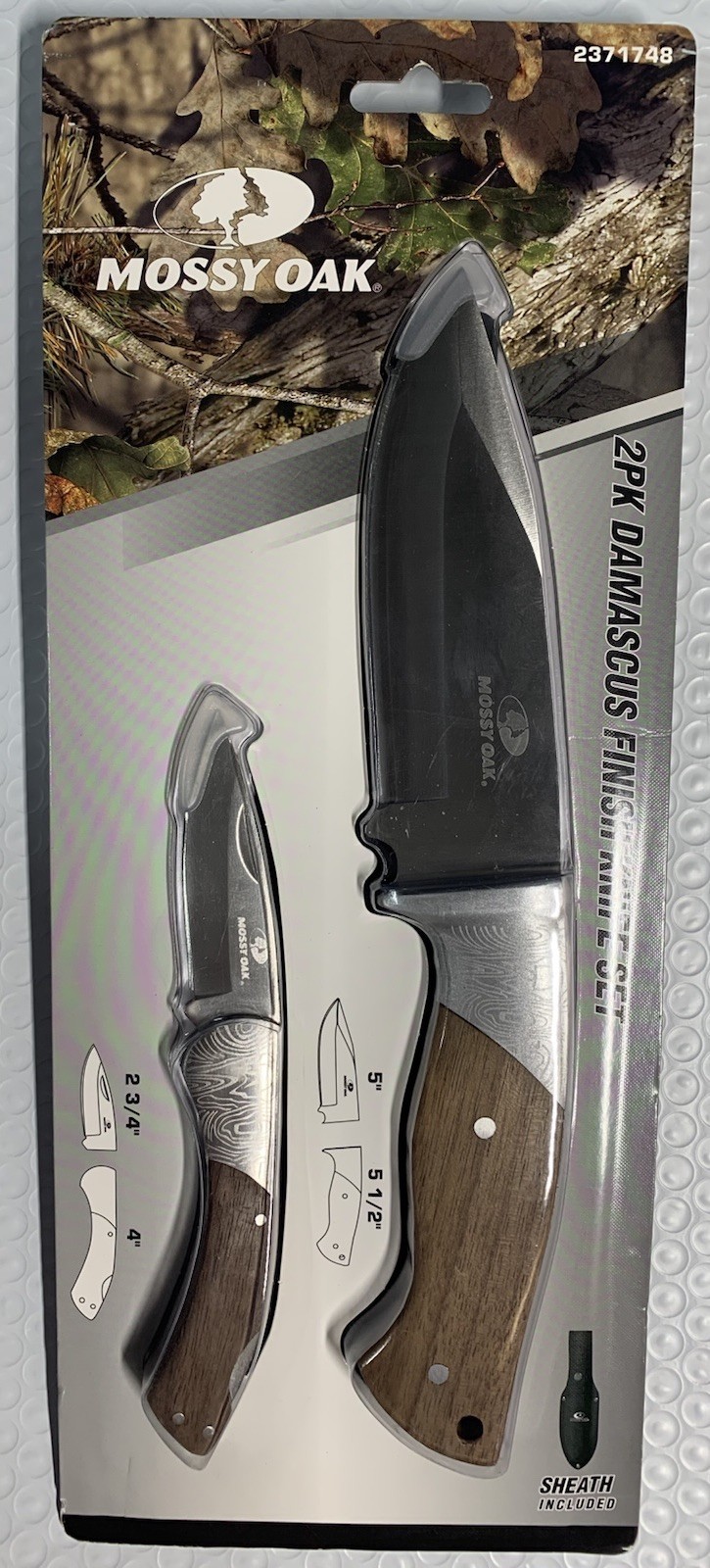 Mossy Oak Damascus Knife Set, 2 pack, 6.75" Folding, 10.5" Fixed Blade & Sheath