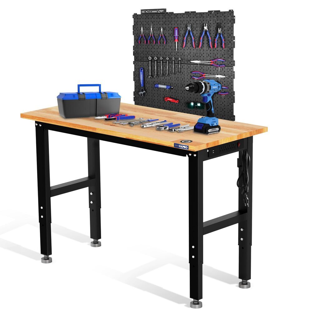WORKPRO 48" Adjustable Workbench With 2PC 16"x32" Metal Pegboard Rubber Wood Top