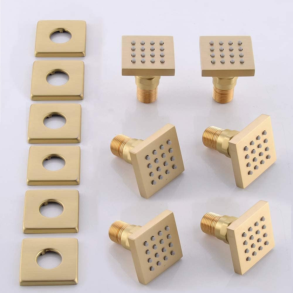 Brushed Gold Square Brass Shower Wall Body Jet Sprayer Valve Set - 6 Pack