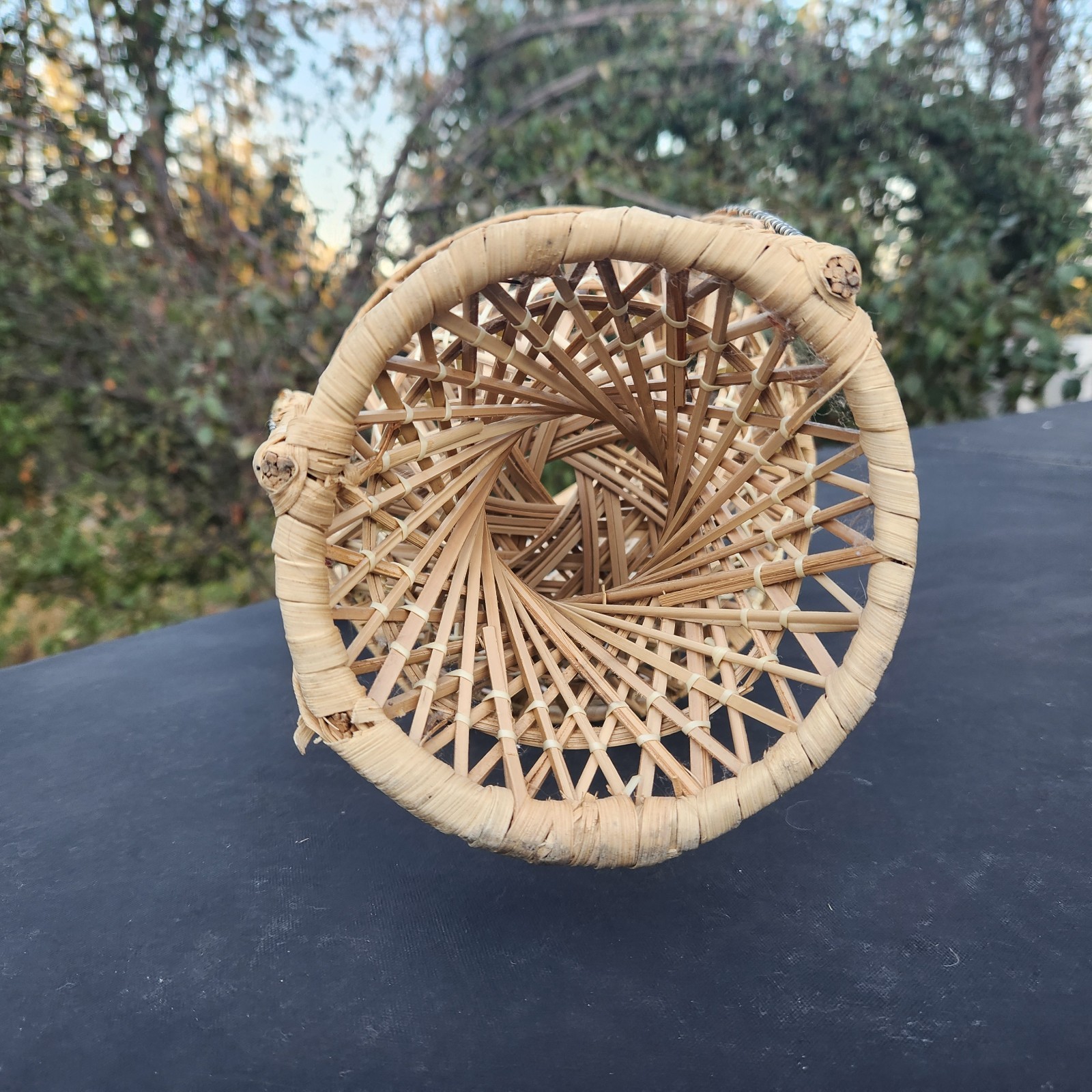 Vtg Peacock Fan Back Rattan Chair 16” Plant Stand Wicker Boho